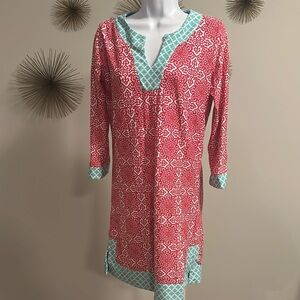 Red and Teal Patterned Tunic Dress